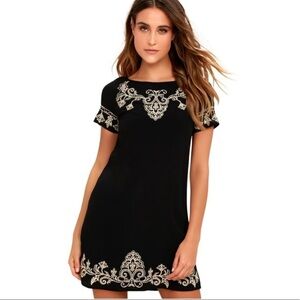 LULU’S Tale to Tell Black & Beige Embroidered Shift Dress